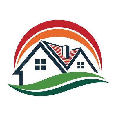 house logo with rainbow and clouds
