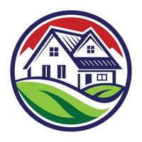 a house with a roof on a hill in a circle vector