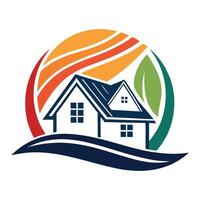 a house with a colorful background and waves vector