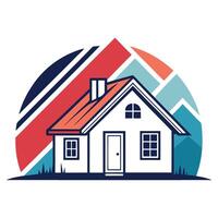 a house logo design with a red roof and mountains in the background for property business vector