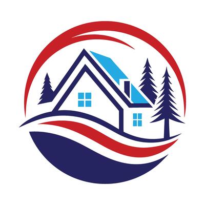 a house with a tree and a blue roof on a white background