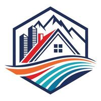 a house with mountains and waves in the background vector