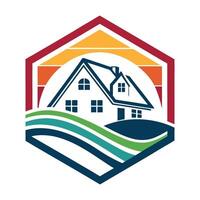 a house with a rainbow background and a rainbow in the background vector