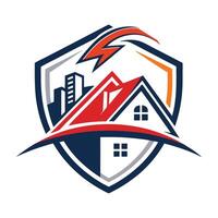 Shield house with lightning bolt on it vector