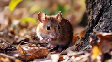 A mouse is walking through the leaves photo