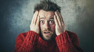 A man in a red sweater covering his face with his hands photo