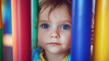 A young child peeking through the bars of a play structure photo