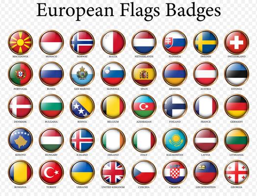 European flags badges, flags on button, Glossy round icon with flags