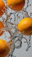 A group of oranges being splashed with water photo