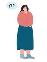A woman thinks, in her thoughts, solves a question, a problem. The girl thought about it. flat graphics. vector