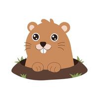 A cartoon of a cute little brown animal with a big smile on its face. It is sitting in a hole vector