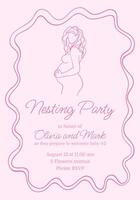 A pink card with a woman on it that says Nesting Party. The woman is pregnant and the card is for a baby shower vector