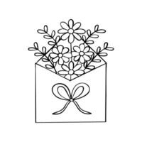A bouquet of flowers is placed inside a white envelope. The flowers are drawn in black and white, and the envelope is also drawn in black and white. Concept of elegance and simplicity vector