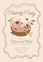 Nesting party invitation with a basket of eggs and a bird vector