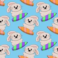 Seamless pattern with Cute Rabbit on surfboard vector