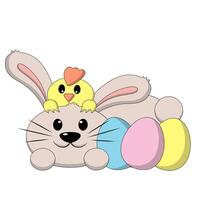 Cute Rabbit and Chicken with Easter egg in color vector