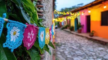 Colorful decorations and lights adorn festive street, creating joyful atmosphere photo
