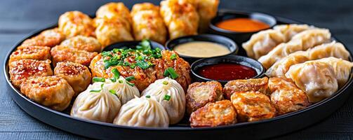 beautifully arranged platter of dim sum with various dipping sauces photo