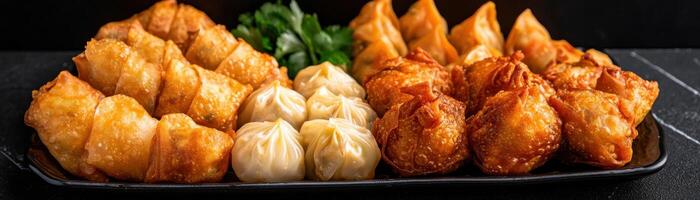 Delicious platter of spring rolls and dumplings, perfect for sharing photo