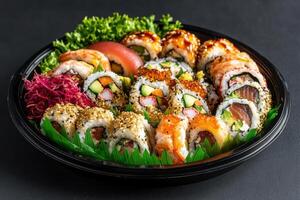 beautifully arranged platter of sushi featuring various rolls and garnishes photo
