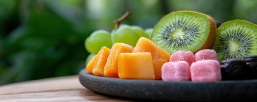 Fresh fruits arranged on plate, including kiwi, grapes, and melons photo