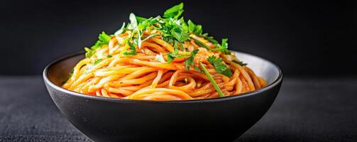 bowl of spicy Sichuan noodles topped with fresh herbs and vibrant colors photo