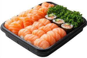 beautifully arranged platter of sushi featuring salmon and vegetables photo
