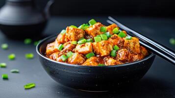 bowl of spicy mapo tofu topped with green onions, perfect for sharing photo
