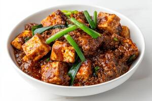 bowl of spicy mapo tofu garnished with green onions, rich and flavorful photo