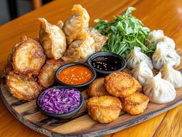 beautifully arranged platter of dim sum with dipping sauces, showcasing various textures and photo