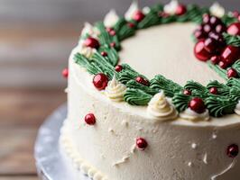 festive cake decorated with green frosting and red ornaments for celebration photo