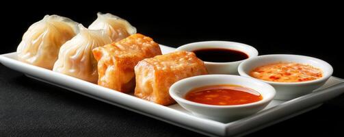 Delicious dim sum platter with dipping sauces, perfect for sharing photo