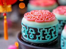 Delightful Chinese New Year pastries with intricate designs and vibrant colors photo