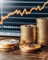 Golden coins stacked with financial growth chart in background photo