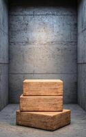 Three wooden blocks stacked in minimalist concrete room photo