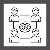Four simple line-drawn figures with short hair and shirts are positioned around a central gear icon that has a play button inside it vector