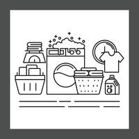 A collection of laundry-related items including a washing machine with bubbles, two laundry baskets filled with clothes, a bottle of detergent, and a clock vector