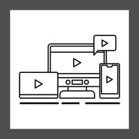 A minimalist design featuring a desktop computer, a laptop, and a smartphone, all displaying play buttons vector