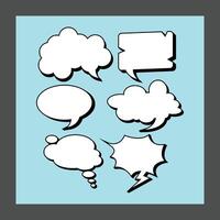 Six speech and thought bubbles in various shapes and sizes on a light blue background, outlined in black vector