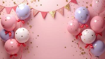 party balloons with glitter and gold accents on a soft pink background photo