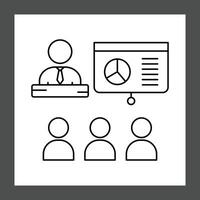 A simple line drawing depicting a person in a suit standing behind a podium, next to a presentation board displaying a pie chart and text vector