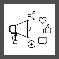 A simple line drawing depicts a megaphone with various social media icons surrounding it vector