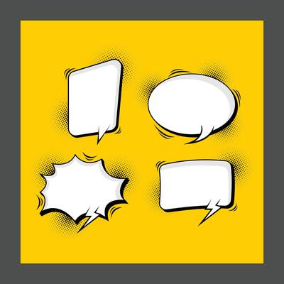 Four speech bubble shapes on a bright yellow background