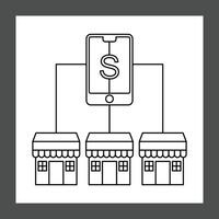 simple line drawing showing a mobile phone application connected to three retail stores, illustrating the concept of a mobile payment system for business vector