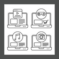 Four laptops arranged in a grid, each displaying different icons vector
