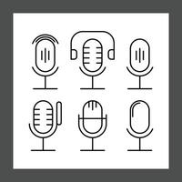 Six microphone icons arranged in a grid, each with a unique design. The icons are outlined in black on a white background, featuring various microphone styles including traditional, modern, and headse vector
