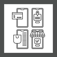 A collection of four simple line-art illustrations depict different mobile phone applications, each representing a distinct online service vector