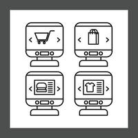 four icons depicting different types of online shopping displayed on computer screens vector