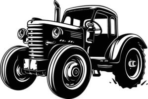 An old tractor is shown in black and white vector