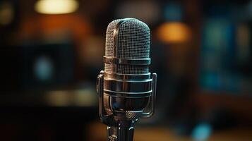 Vintage Microphone in Radio Studio Podcast Recording Broadcasting Equipment Retro Audio photo